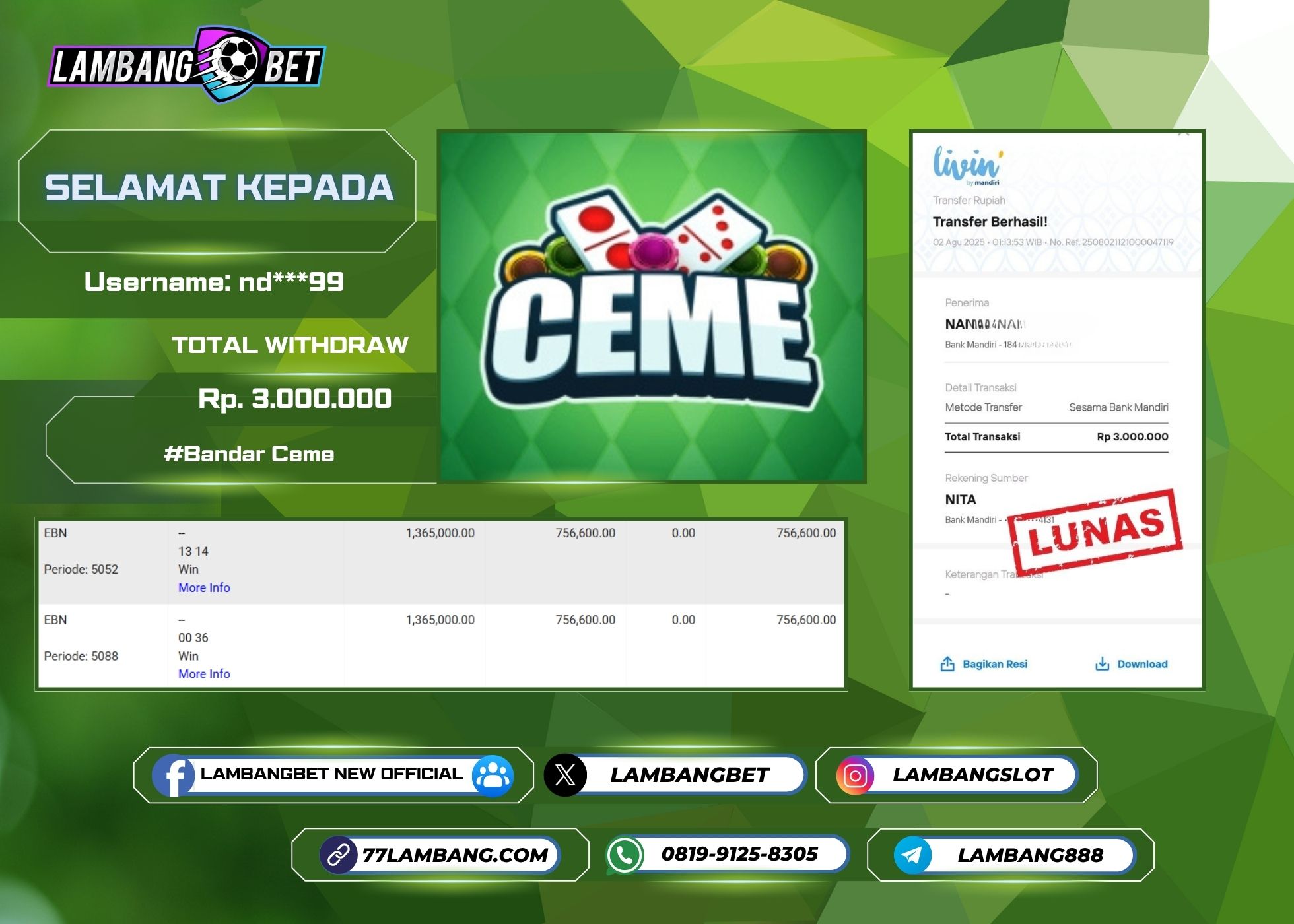 LAMBANGBET [2 AUGUST 2025] JACKPOT POKER Bandar Ceme "Rp3.000.000" LUNAS